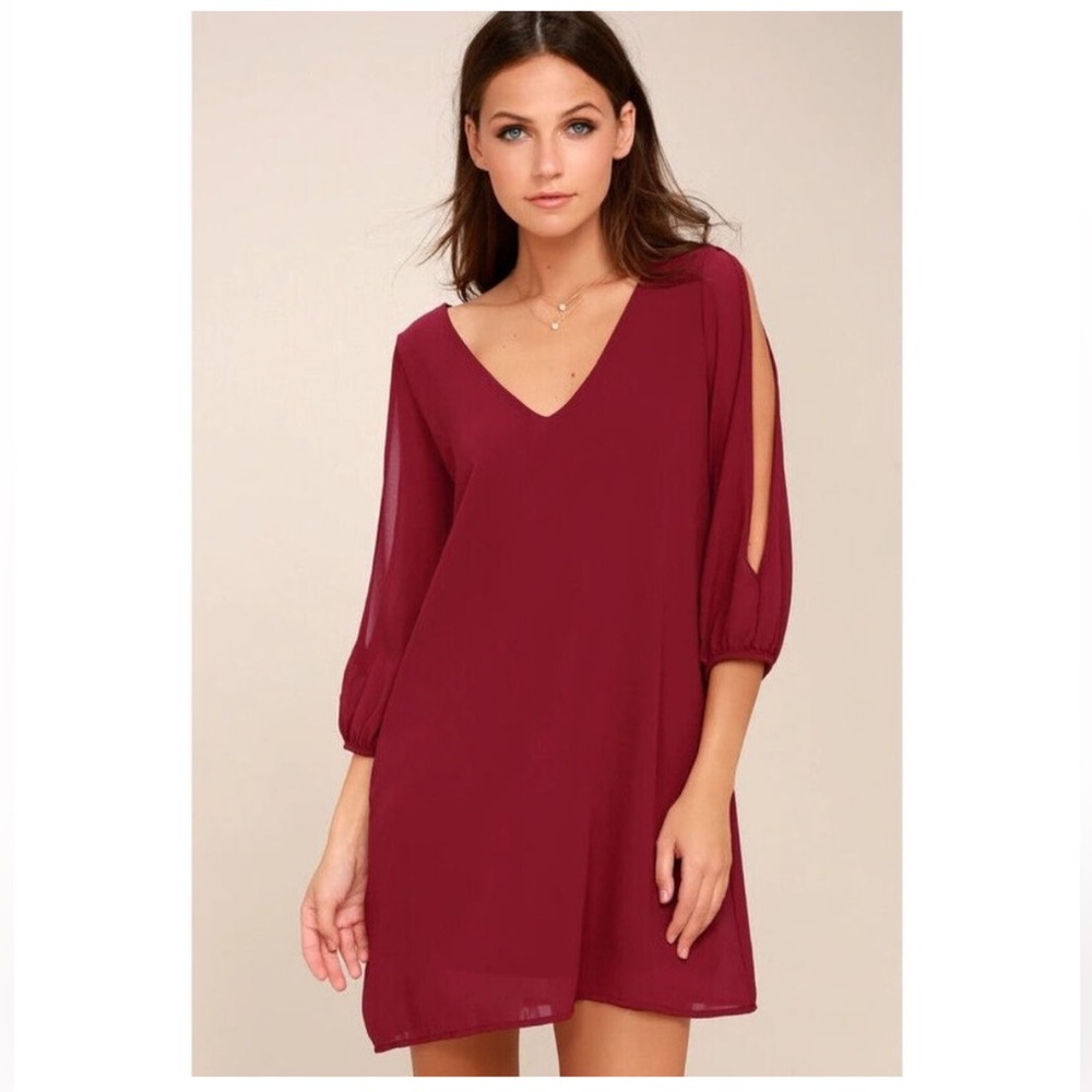 Glory of Love Wine Red Shift DressBurgundy Red Mini V Neck Slit Sleeve